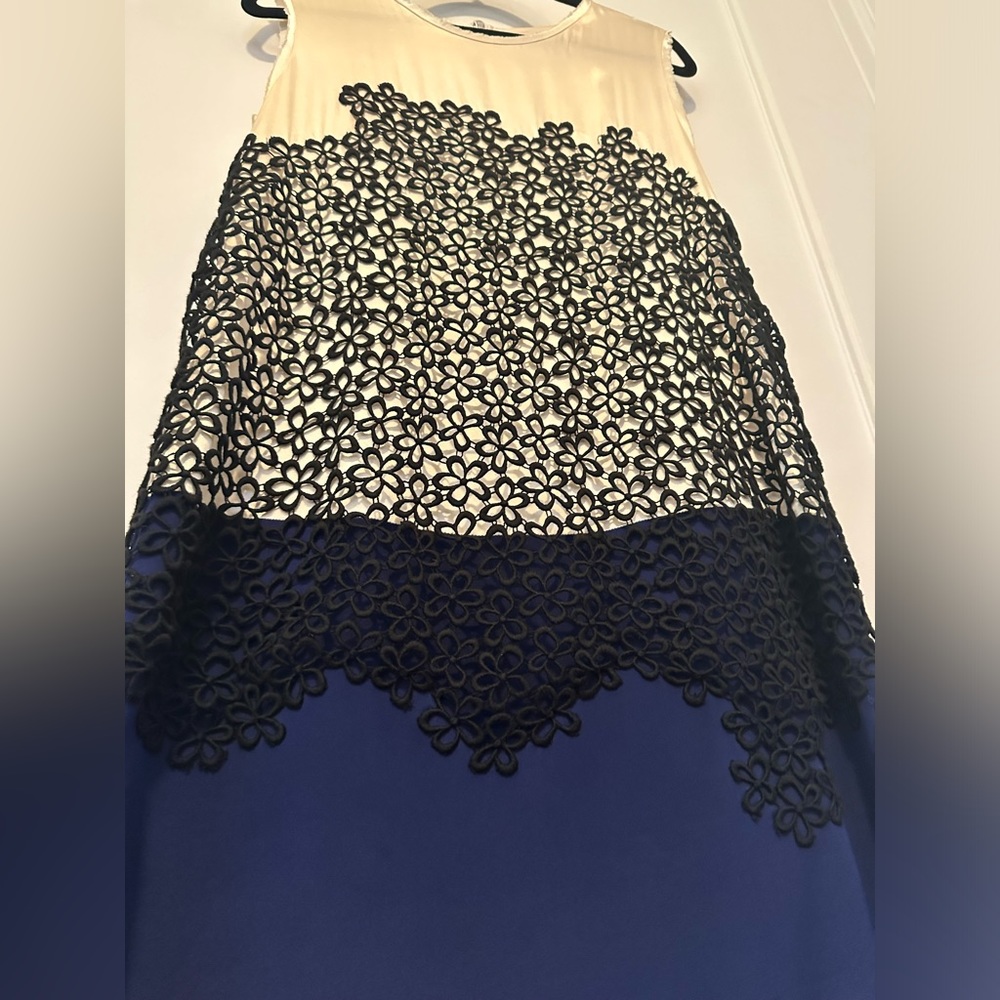 3.1 Phillip Lim cream and navy silk mini dress with black floral overlay- size 8 - Picture 8 of 12